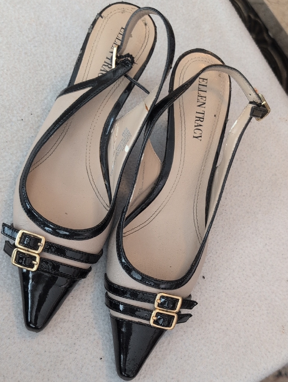 Ellen Tracy Beige and Black Pointed Toe Slingback Flats with Gold Buckles